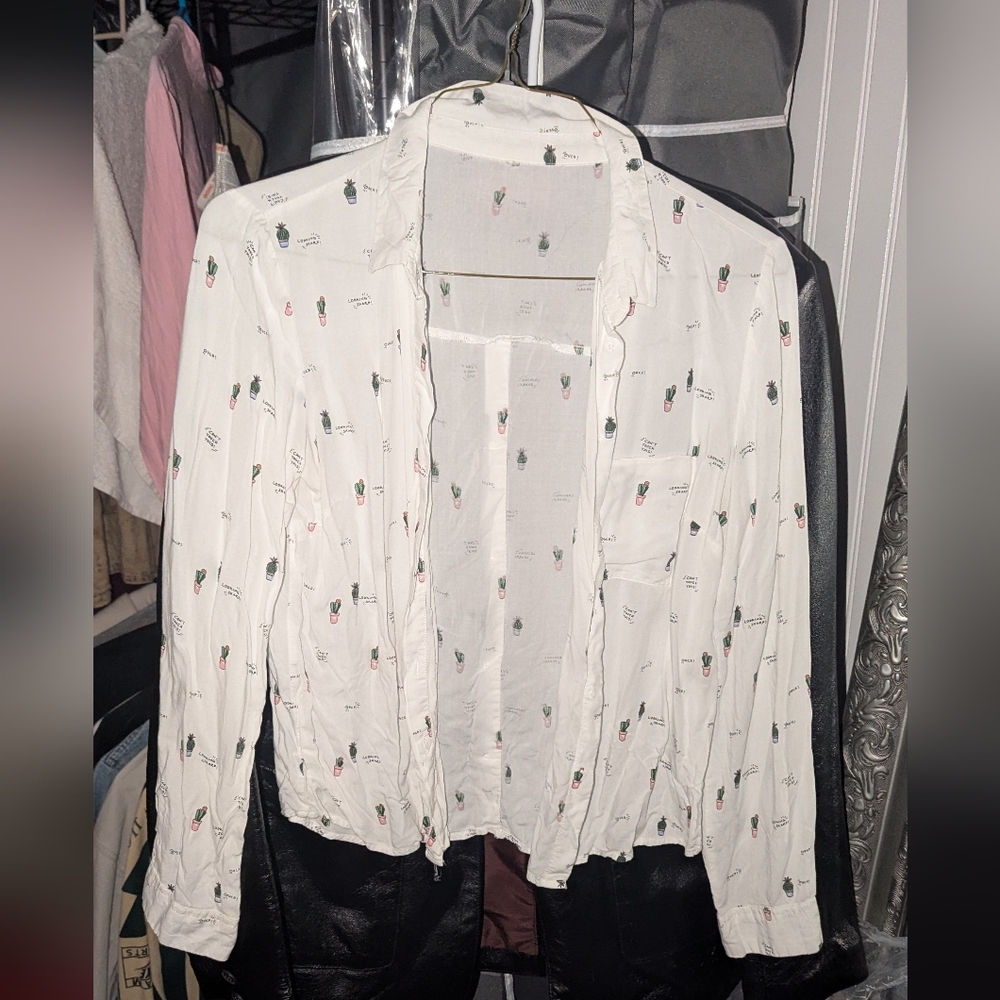 White Button-Up Shirt with Tiny Cactus Print